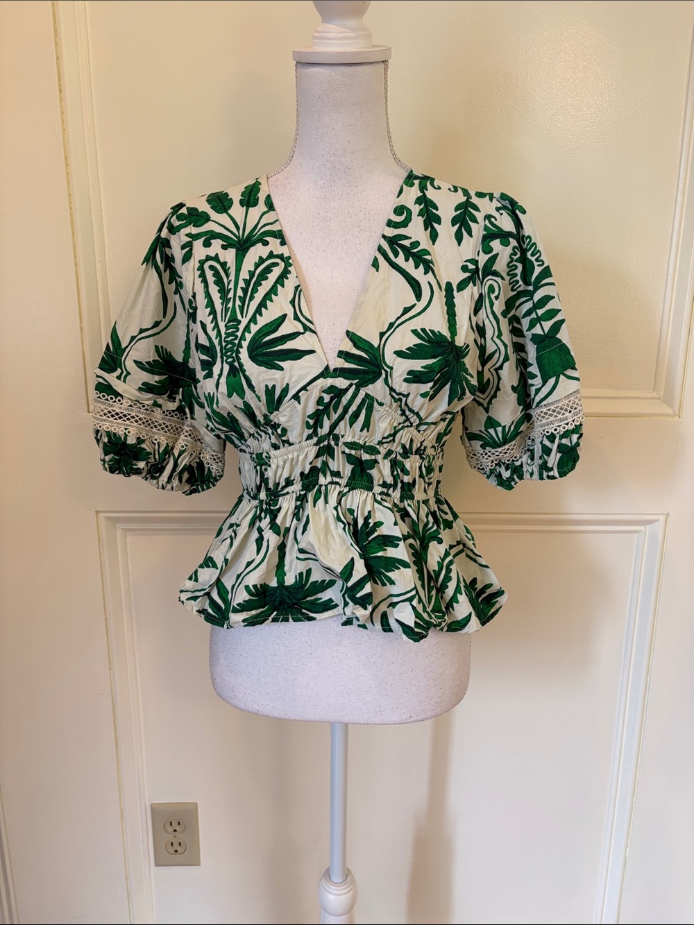 Green Leaf-Print Cotton V-Neck Peplum Blouse